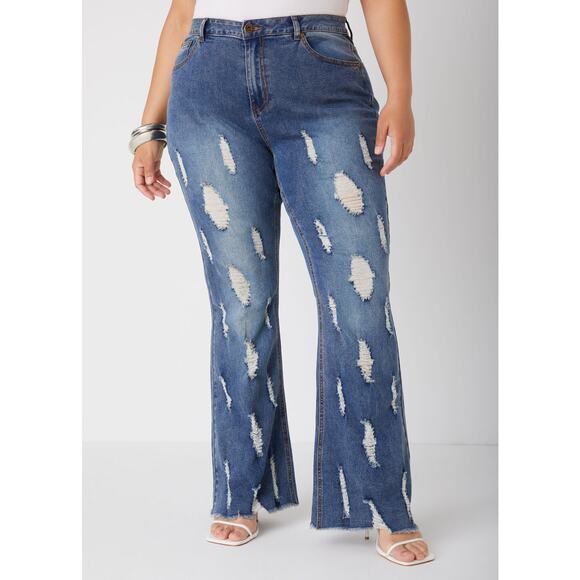 Ashley Stewart Distressed High Waist Frayed Flared Jeans Stretch Plus Size: 18 - Picture 1 of 10